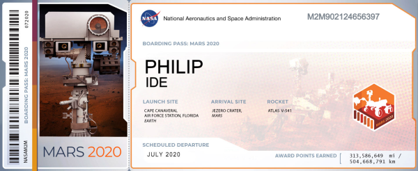 NASA Boarding pass for Mars 2020 Mission
